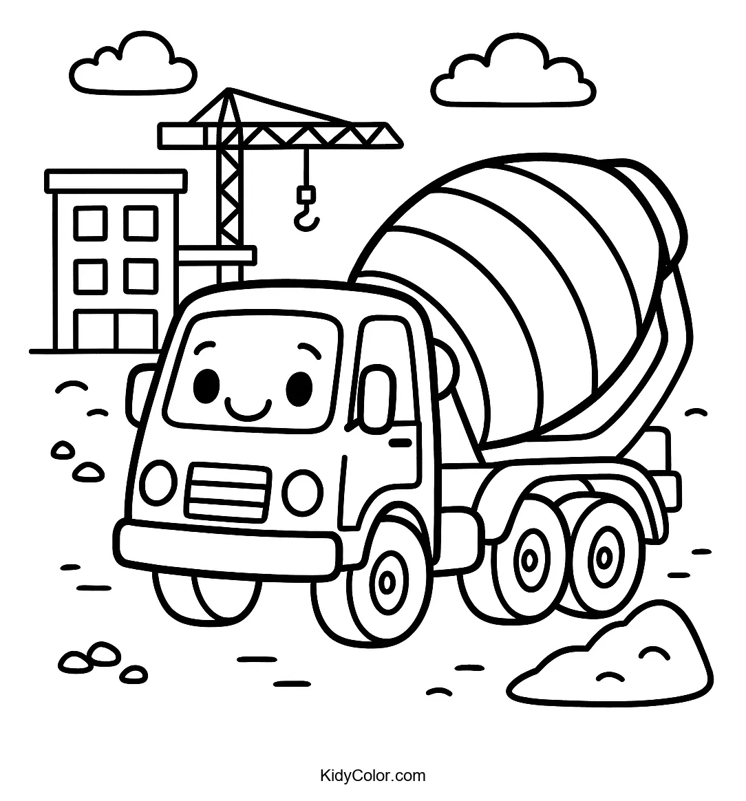 Cartoon cement mixer truck on building site