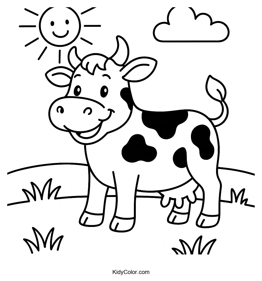 Cartoon cow smiling in a sunny field