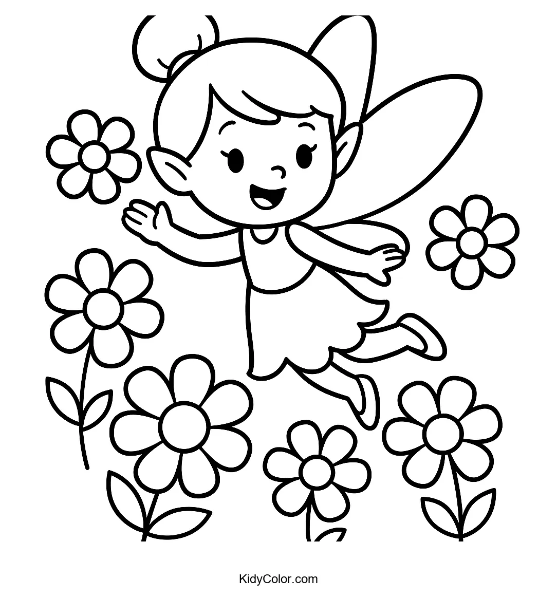 Cartoon fairy flying among flowers