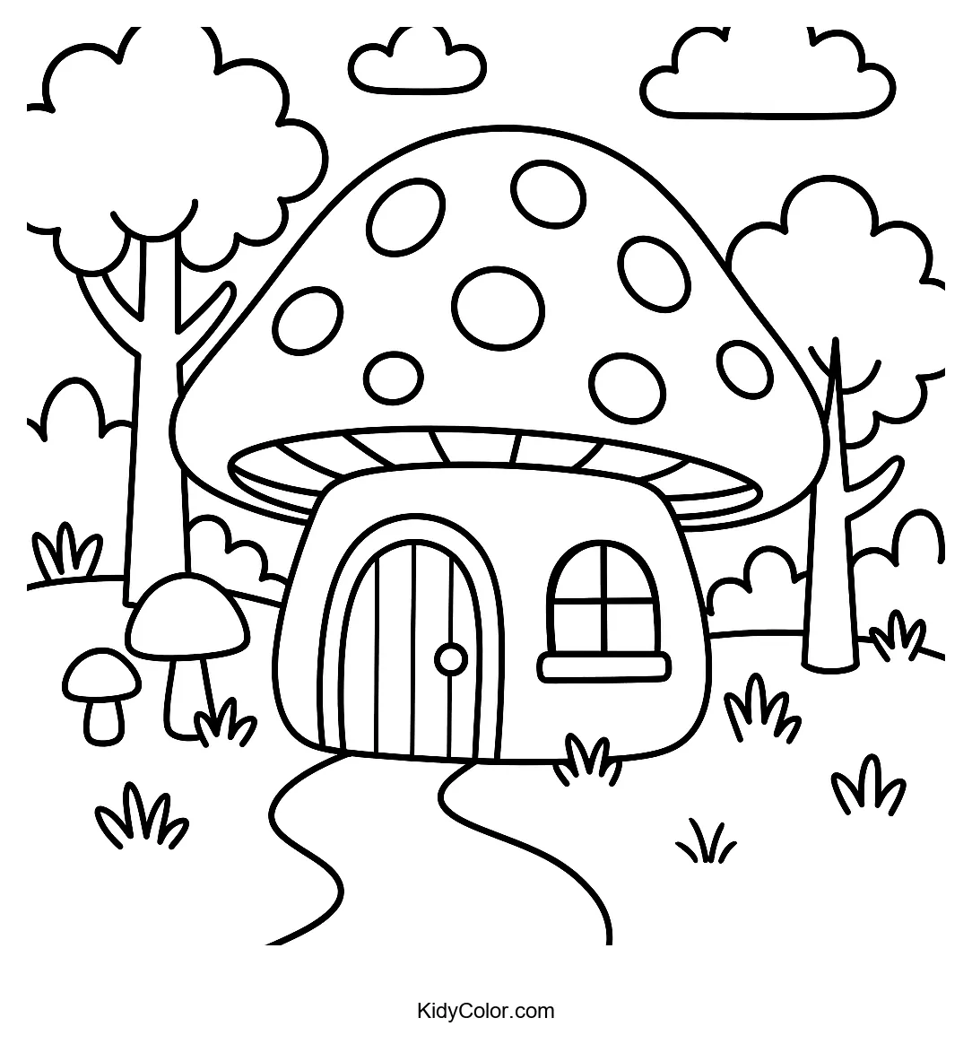 Cartoon mushroom house in a forest