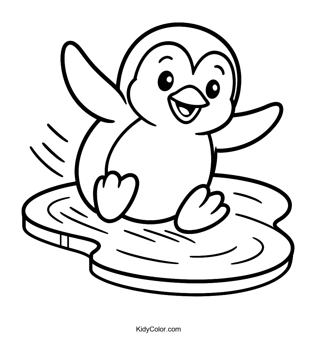 Cartoon penguin on ice ready to color