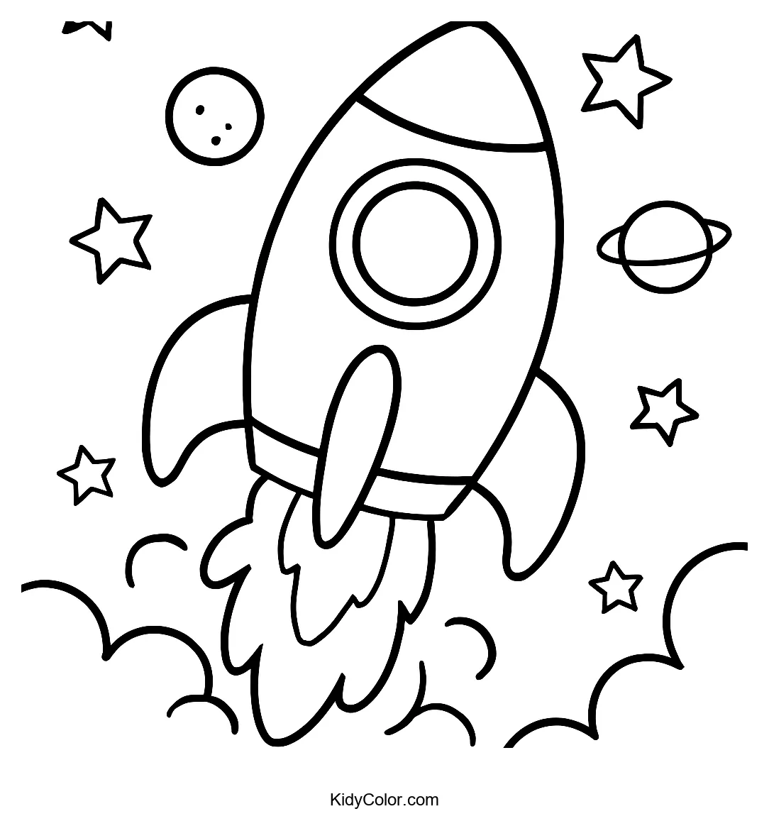 Cartoon rocket ship blasting off into space