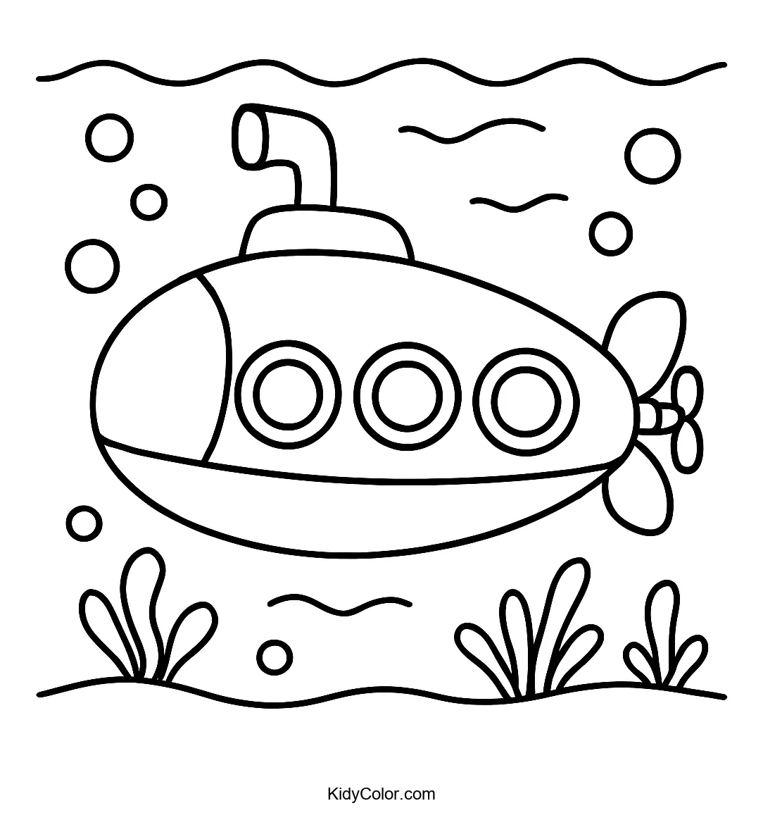 Cartoon submarine with portholes underwater