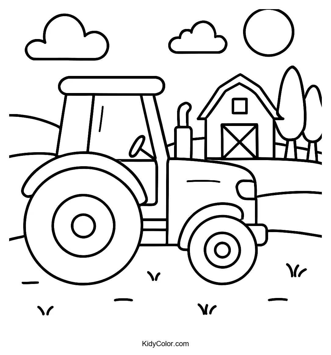Cartoon tractor on a farm