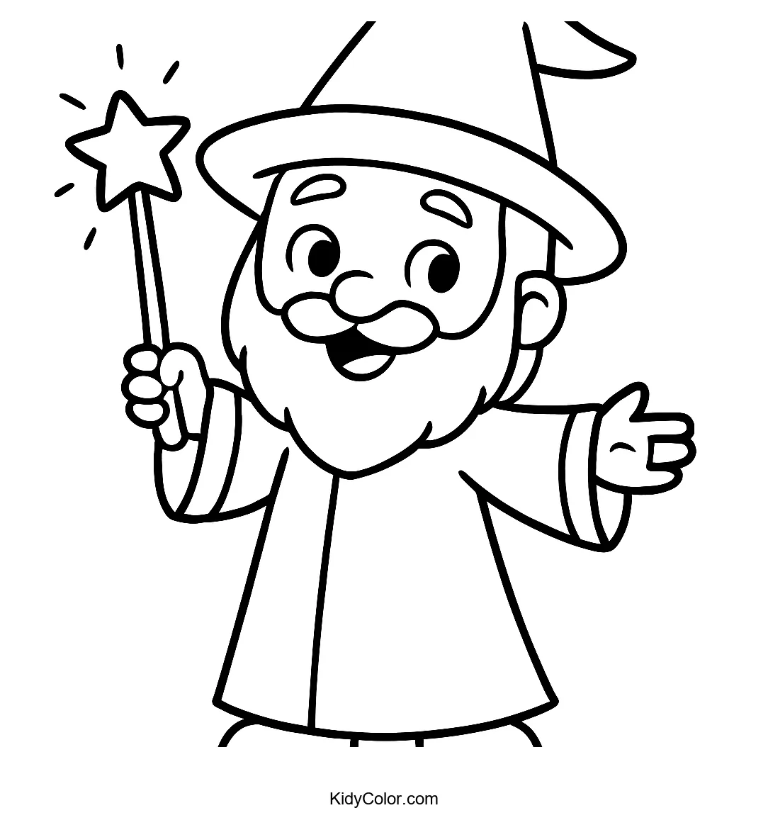 Cartoon wizard with pointy hat and wand