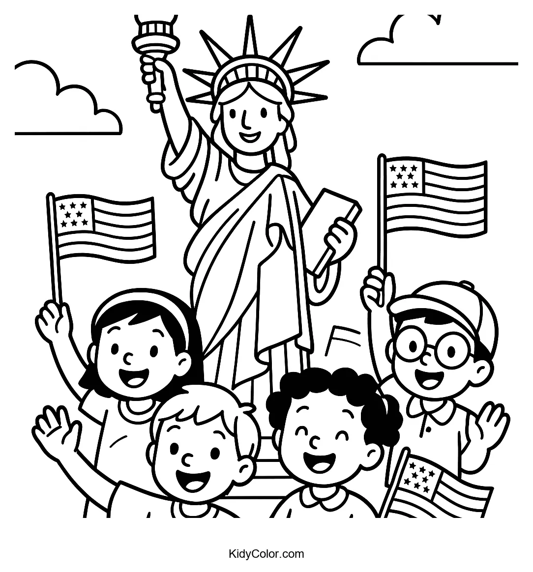 Kids wave flags by the Statue of Liberty