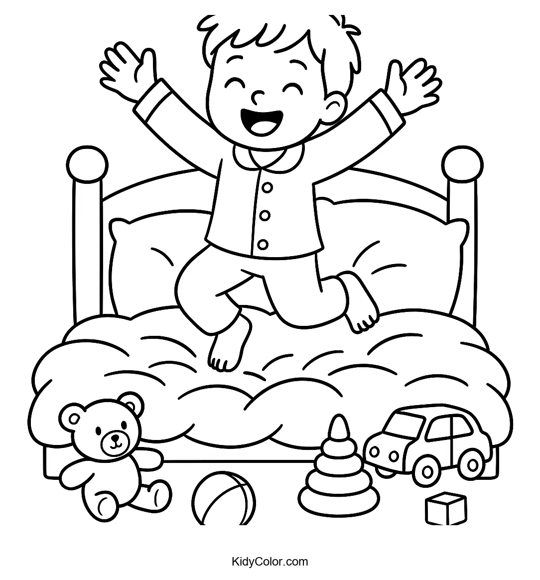 Child jumping on bed with scattered toys