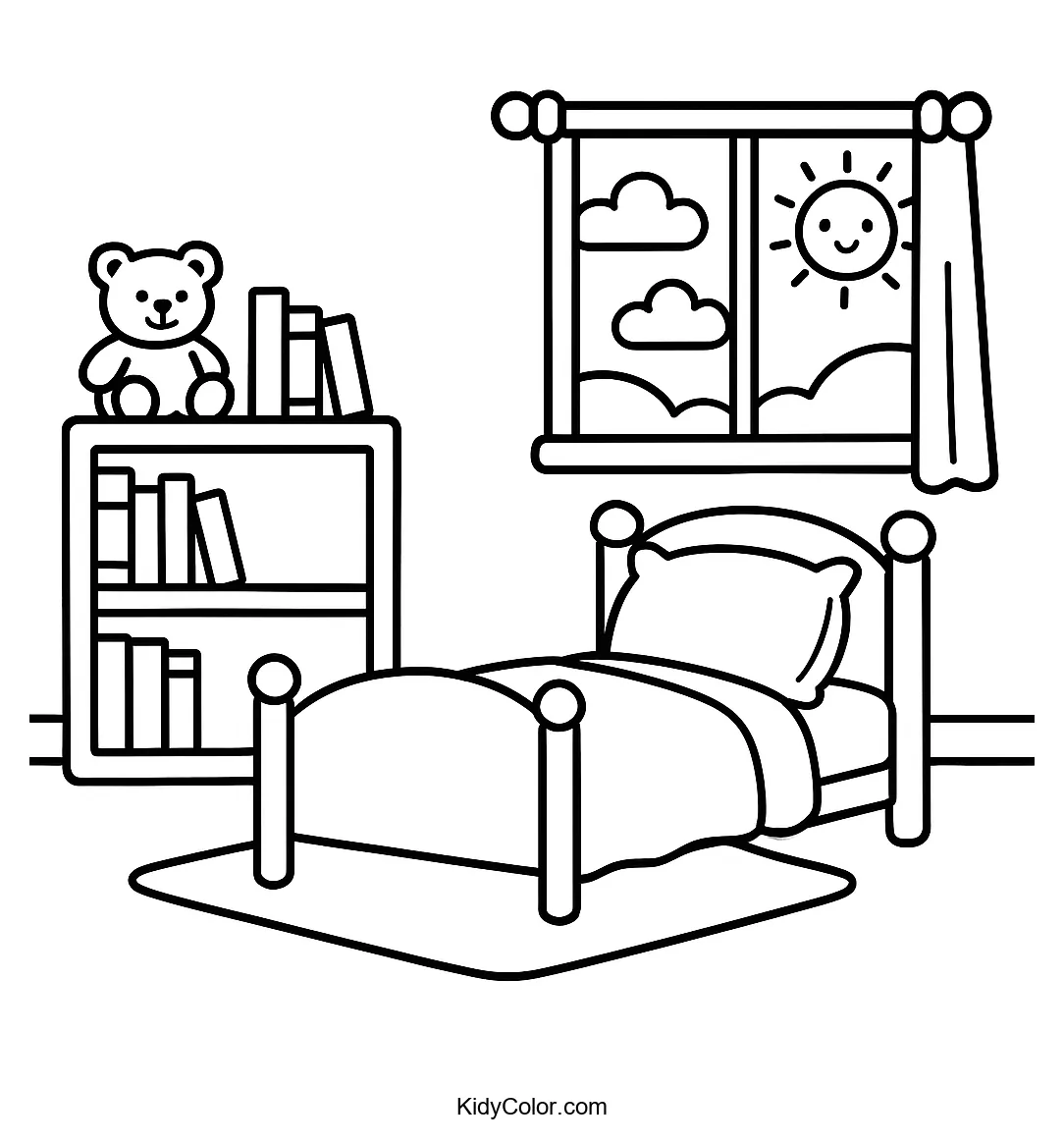 Cozy bedroom with bed and bookshelf