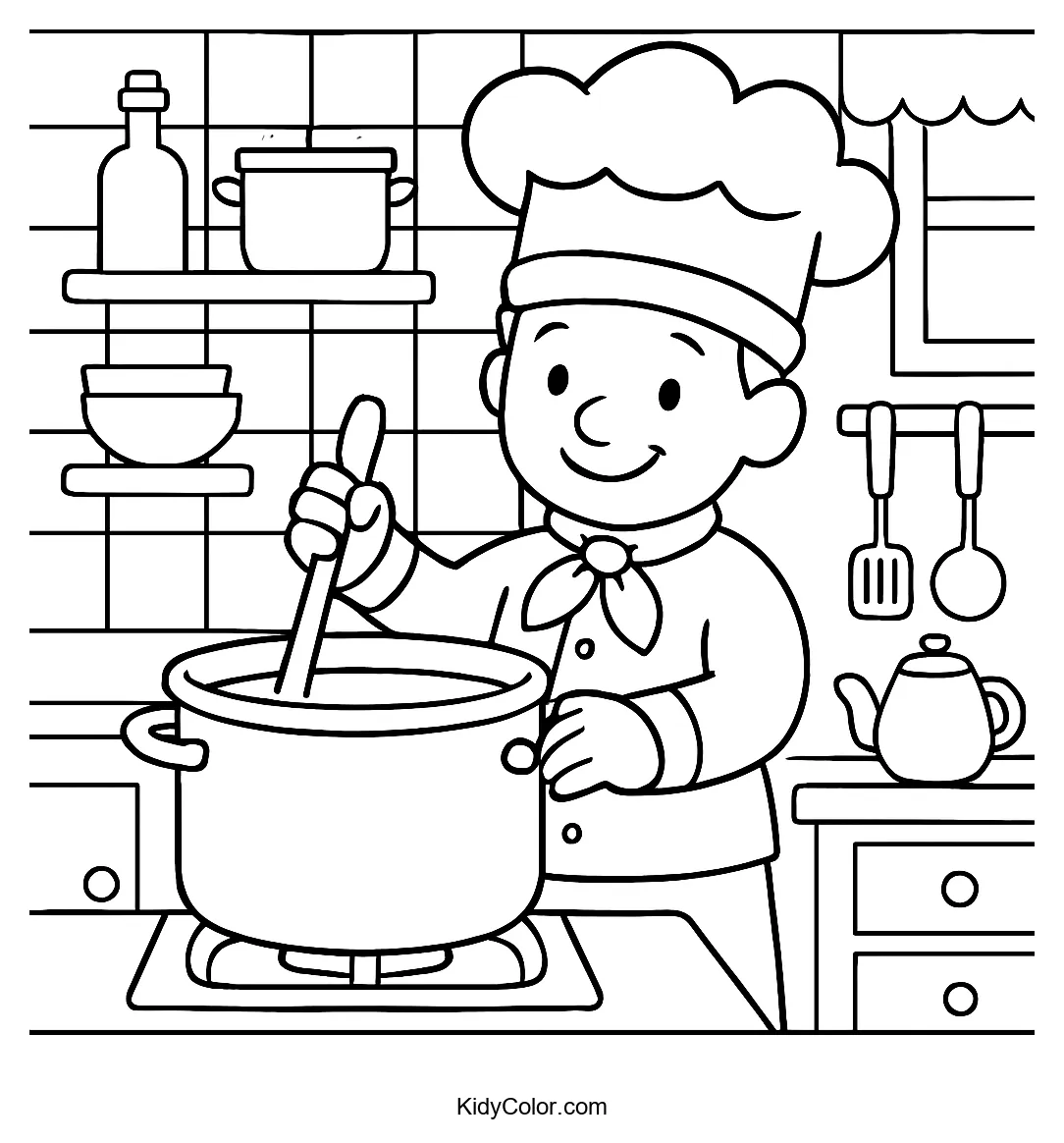 Chef stirring pot in a cozy kitchen