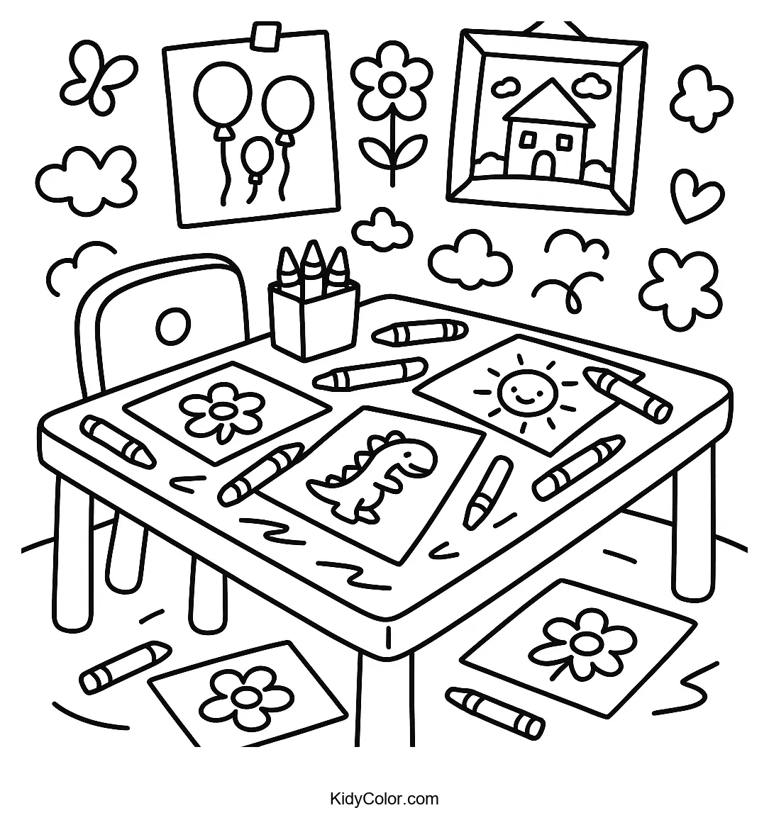 Art corner desk with crayons and paper