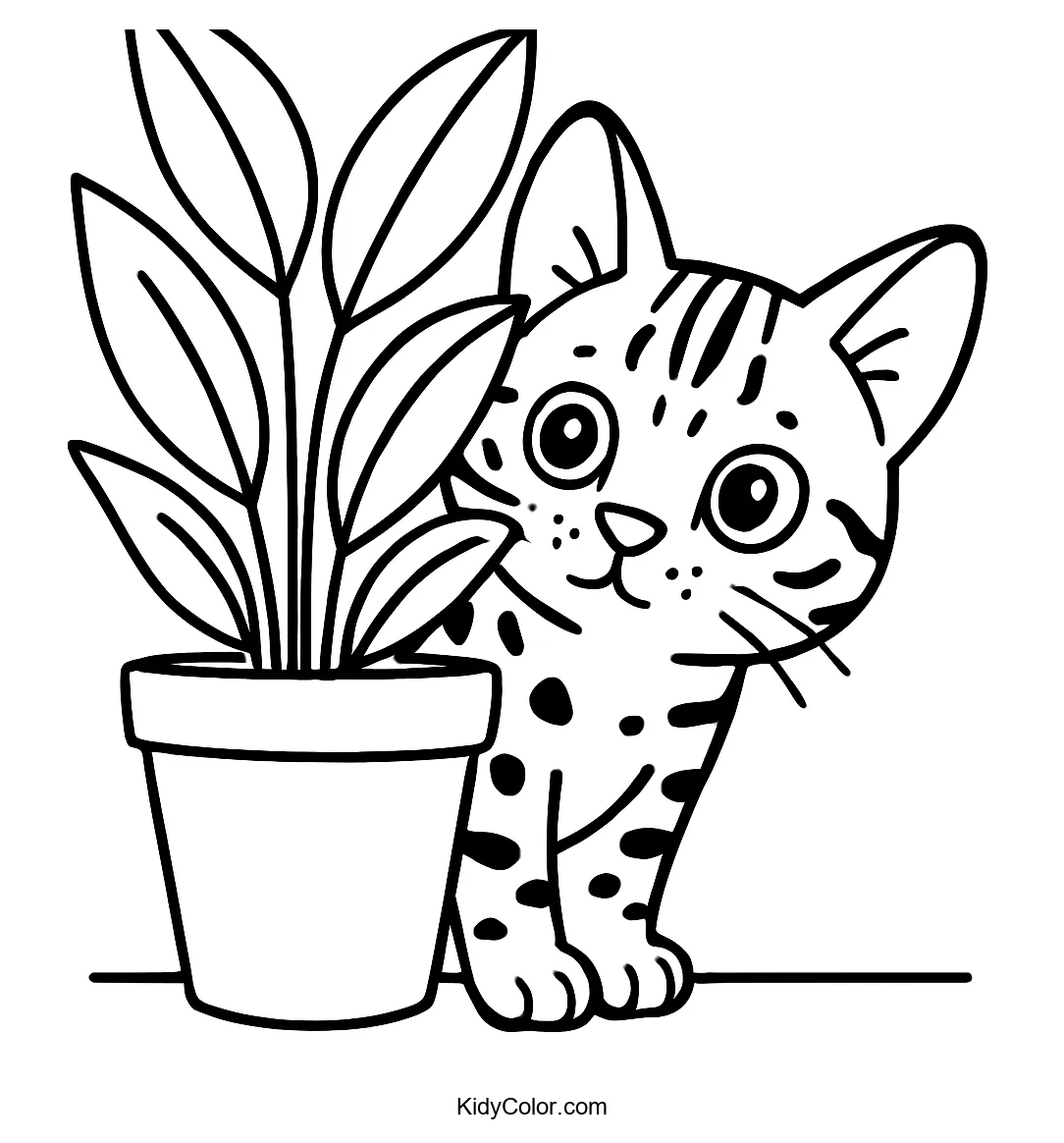 Bengal cat behind potted plant
