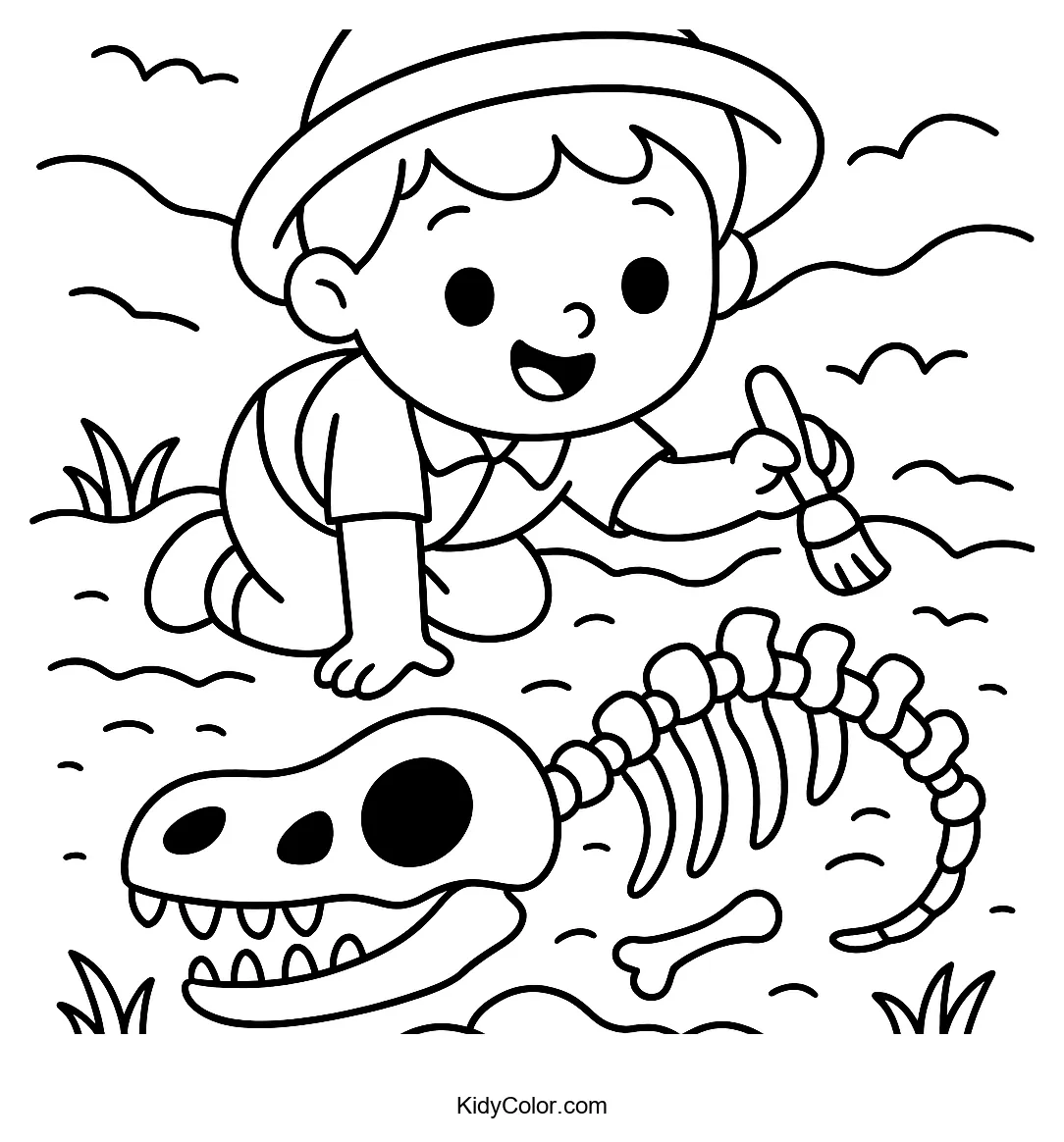 Child exploring dinosaur bones in sand