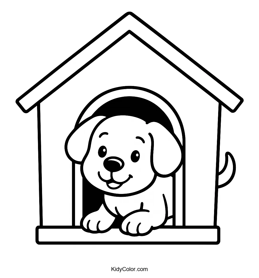 Puppy peeking from red doghouse