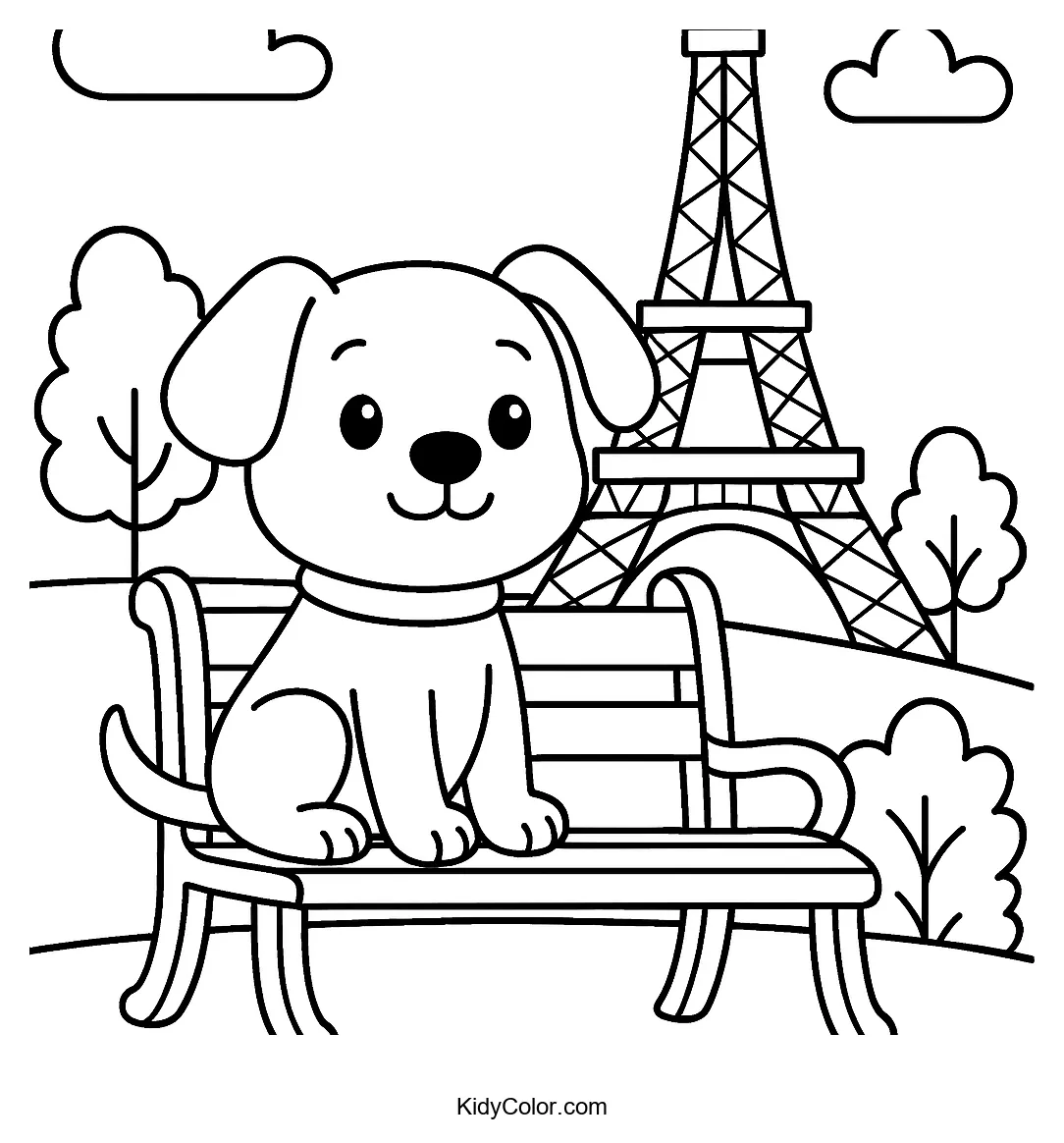 Puppy sitting on bench with Eiffel Tower