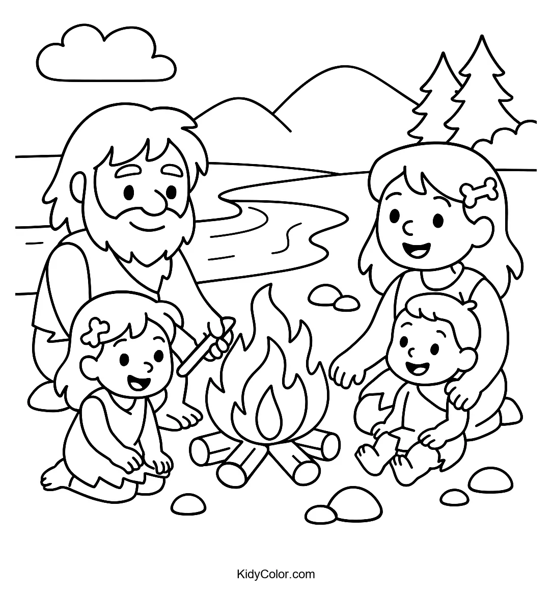 Early humans around a fire by a river