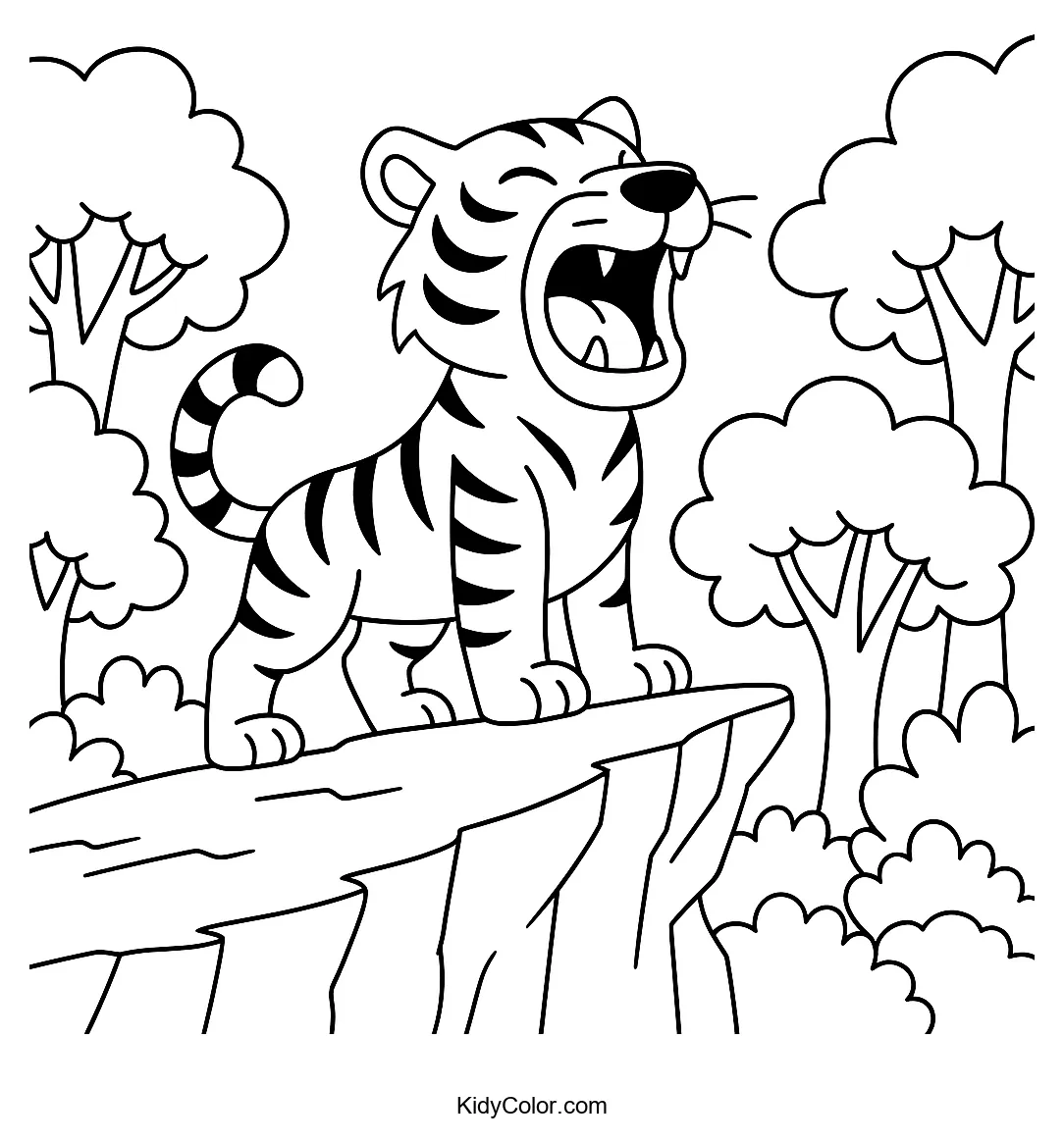 Tiger roaring on a cliff with trees