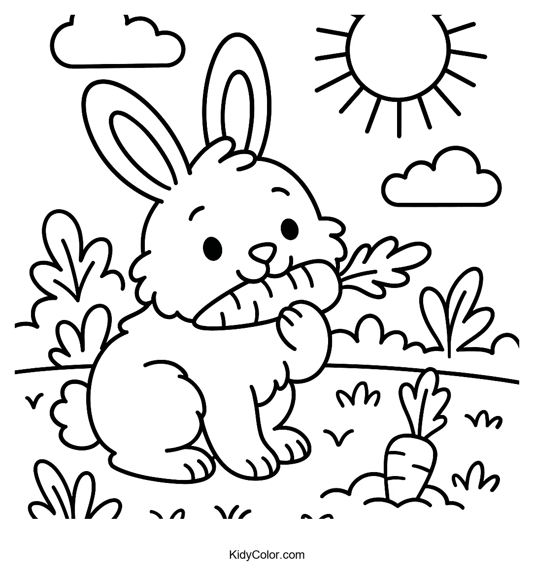 Bunny eating carrot in sunny garden