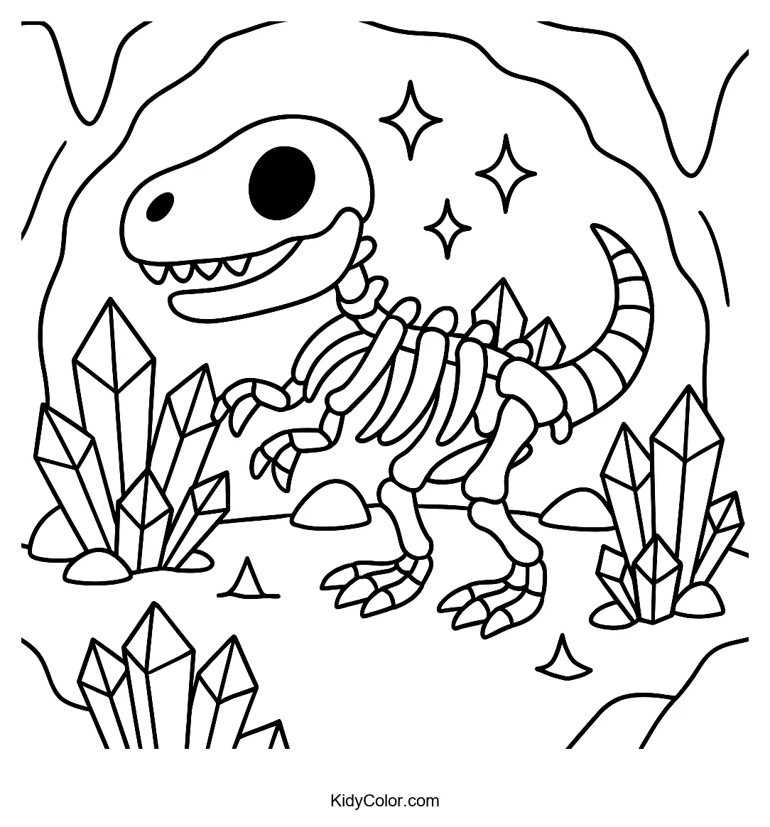 Dinosaur skeleton in a crystal cave
