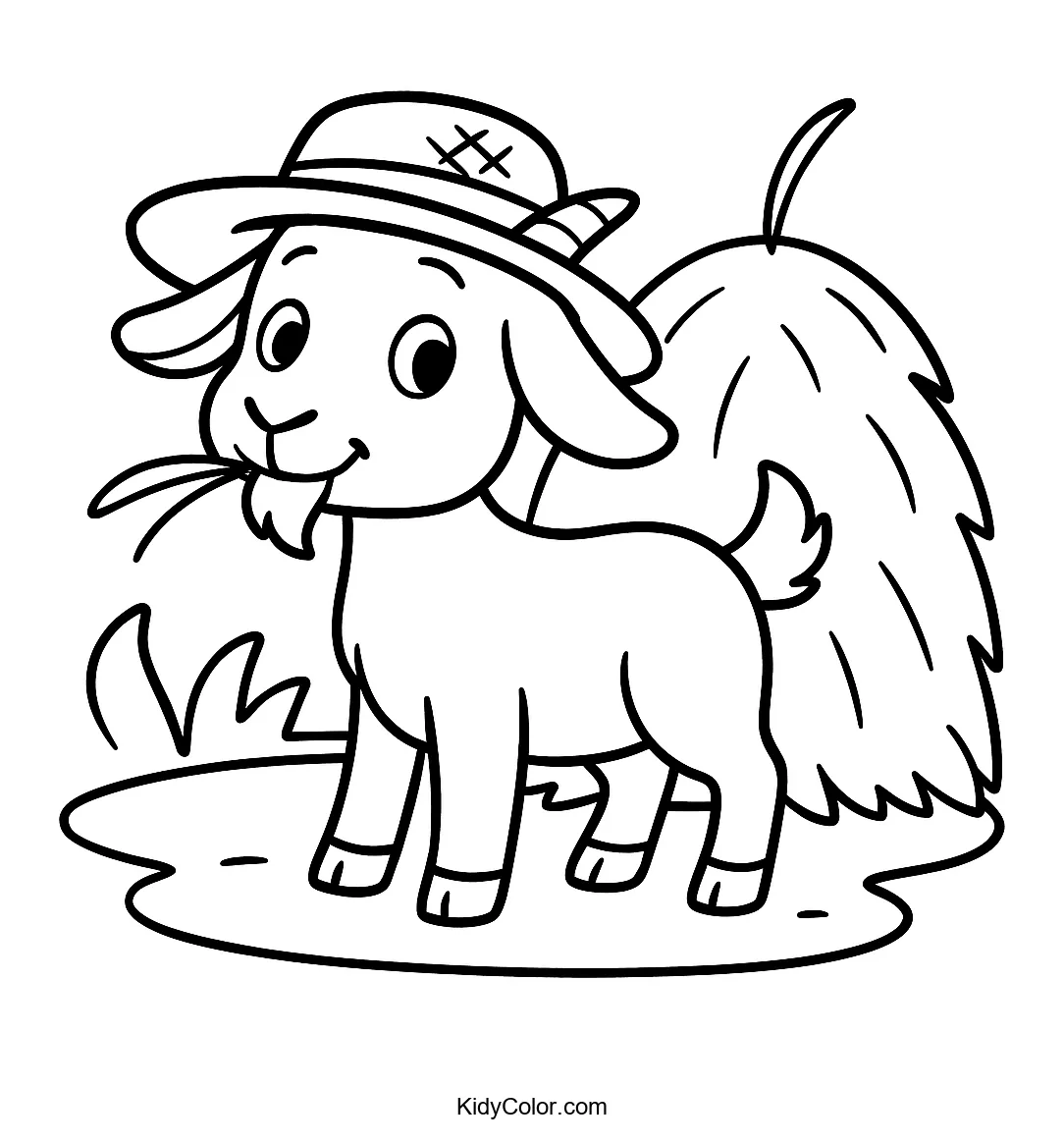 Goat with straw hat by haystack