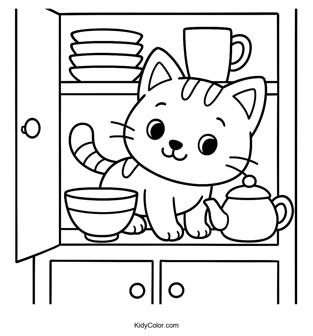 Kitten hiding in a cupboard with dishes