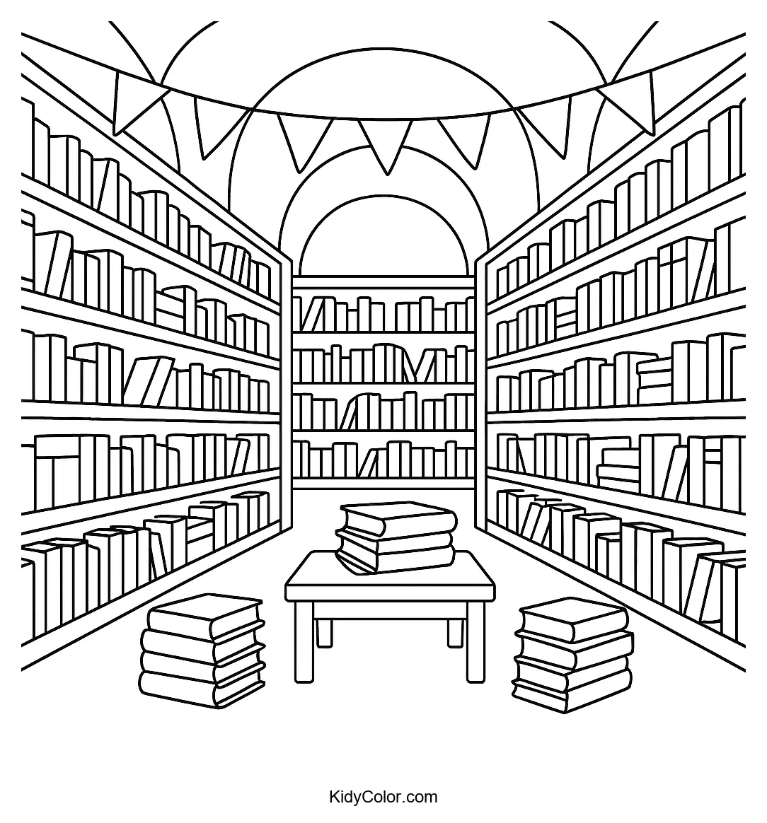 Large library with shelves and colorful banners