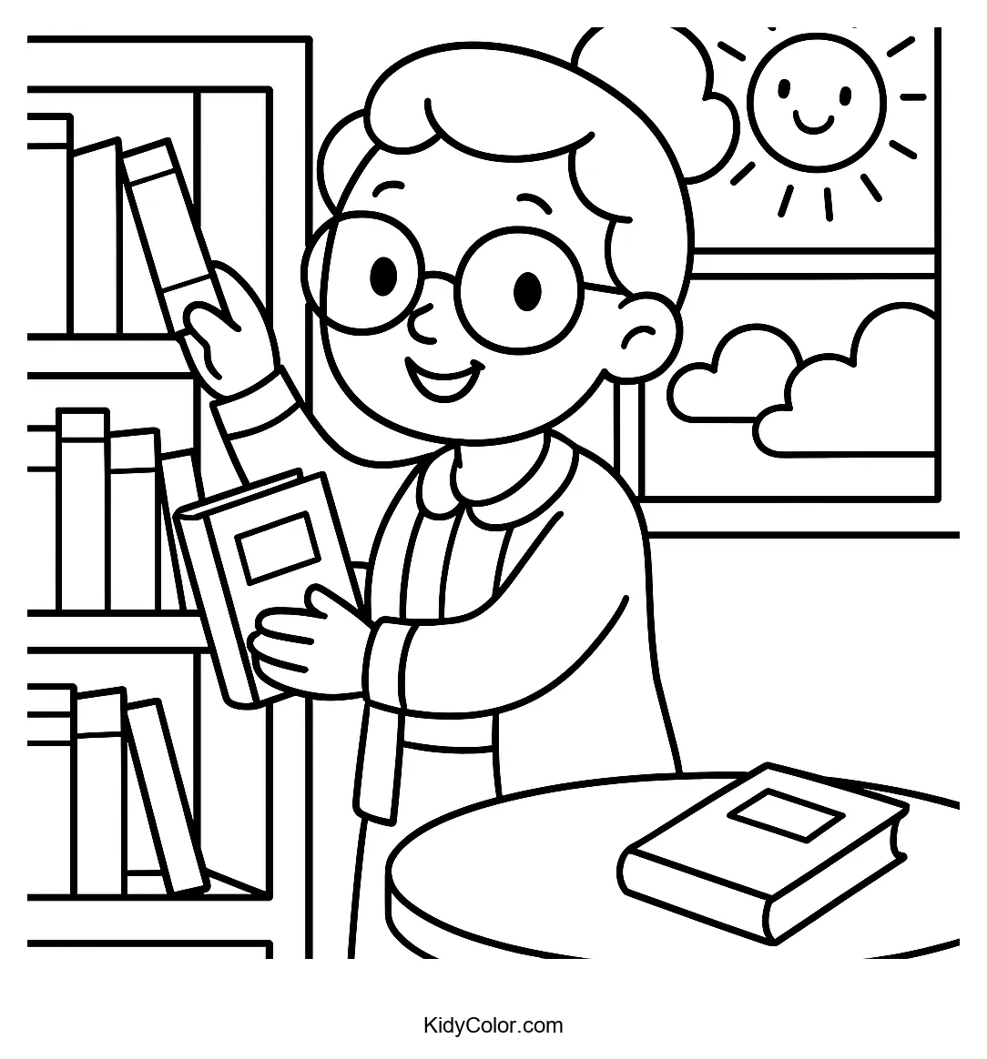 Librarian shelving books in sunny library