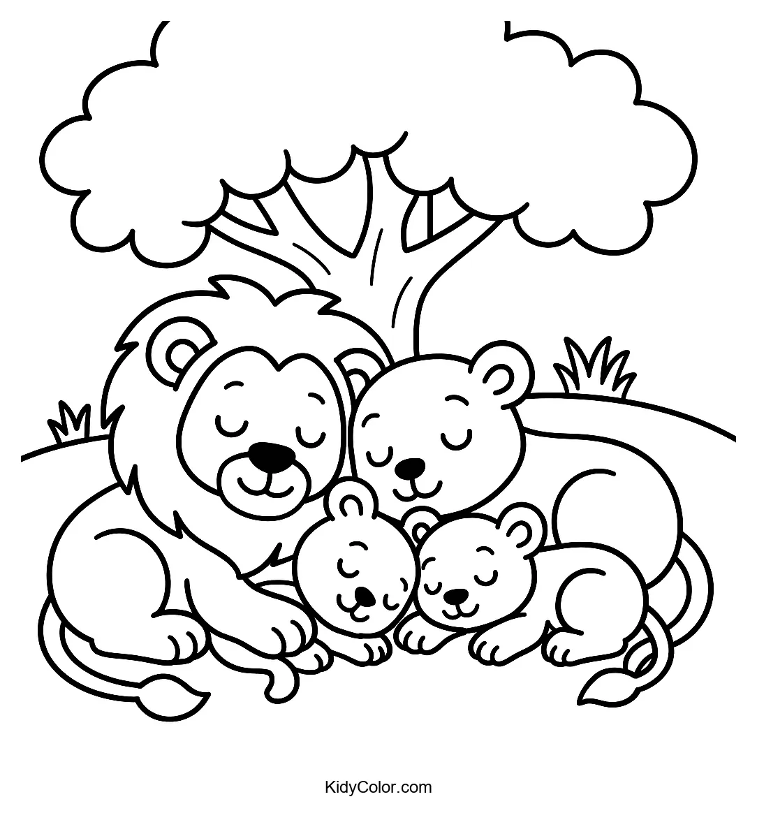 Lion family napping under a tree