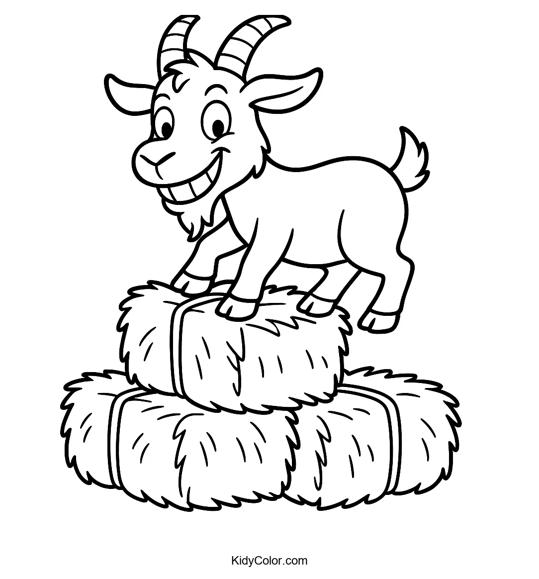 Goat on hay bales, smiling widely