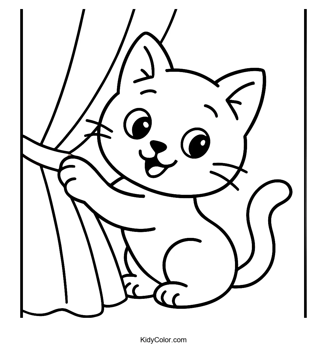 Kitten peeking from behind a curtain
