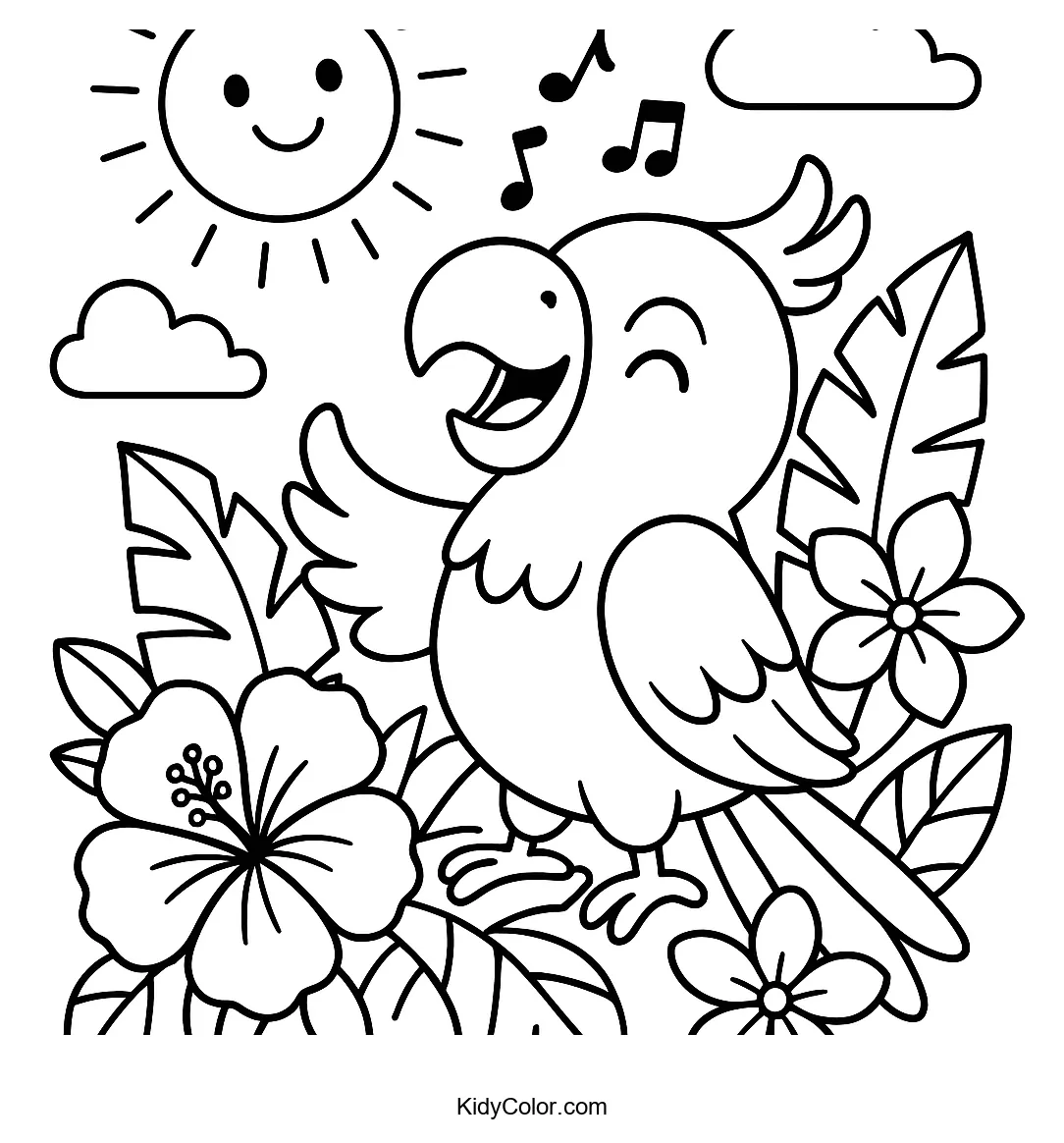 Happy parrot with tropical flowers