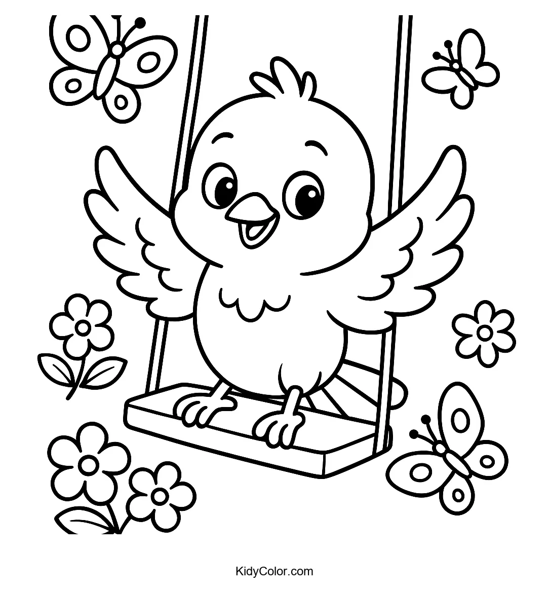 Bluebird on swing with butterflies and flowers