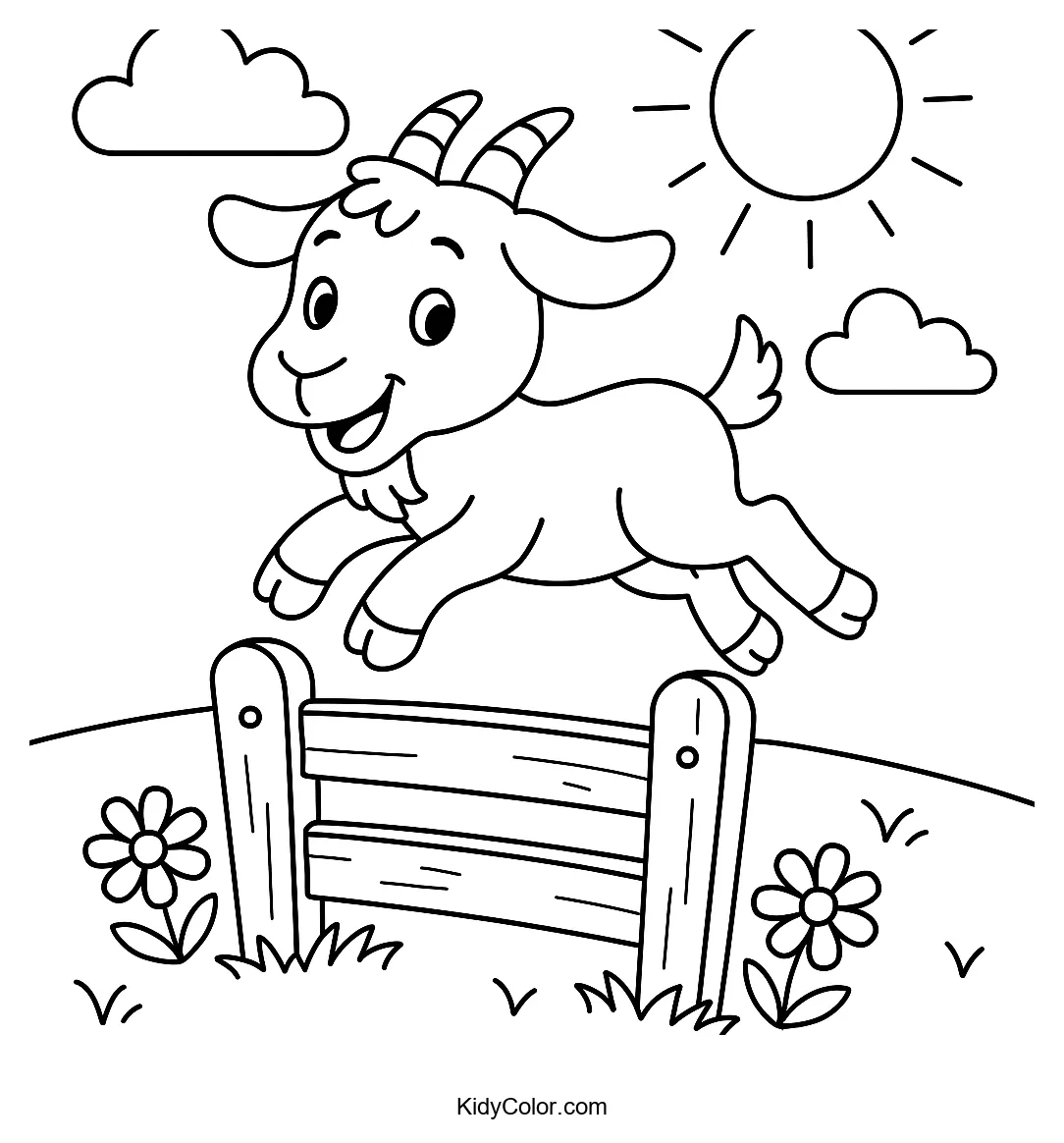 Goat jumping over a wooden fence