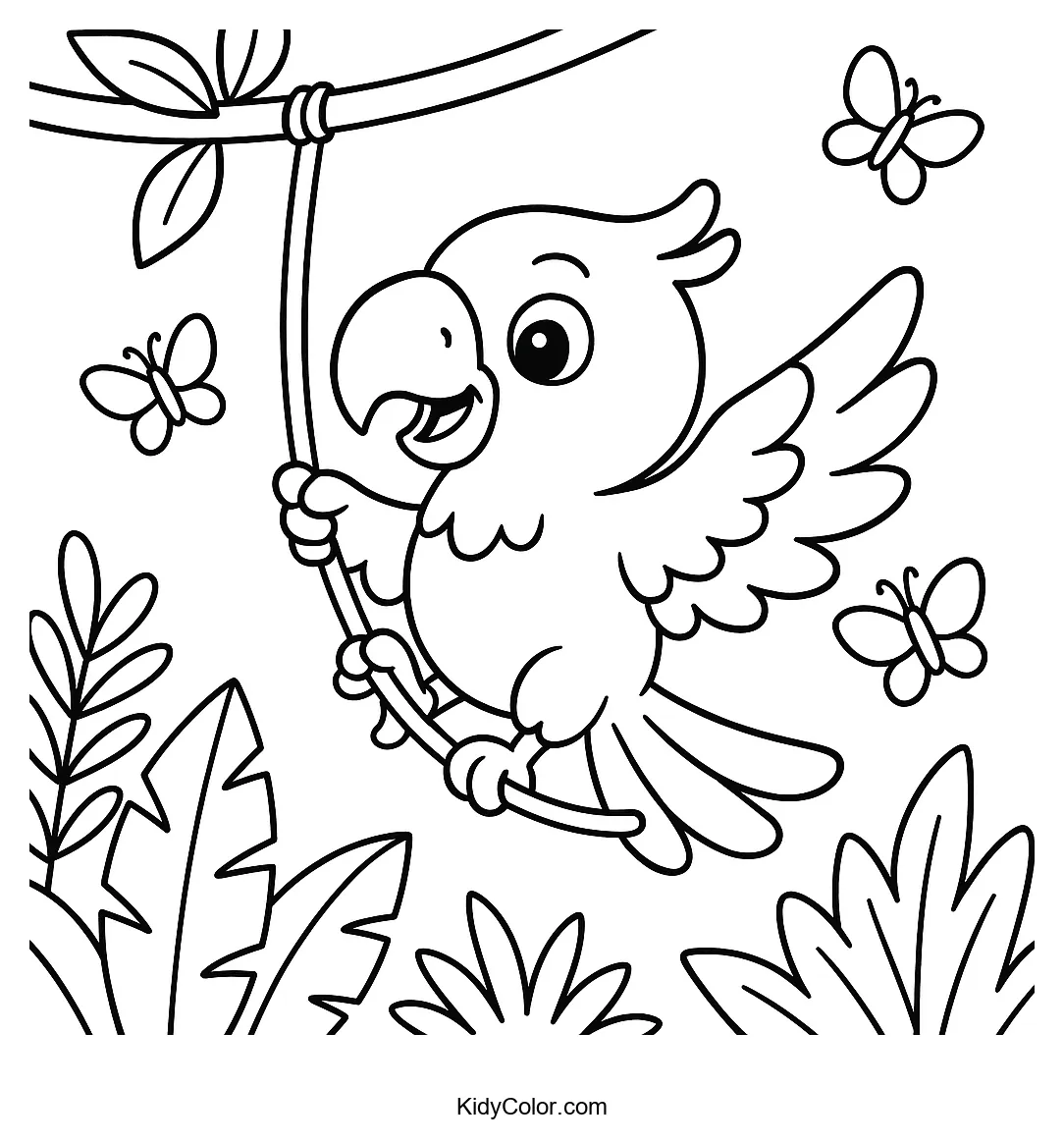 Parrot swinging from vine with butterflies