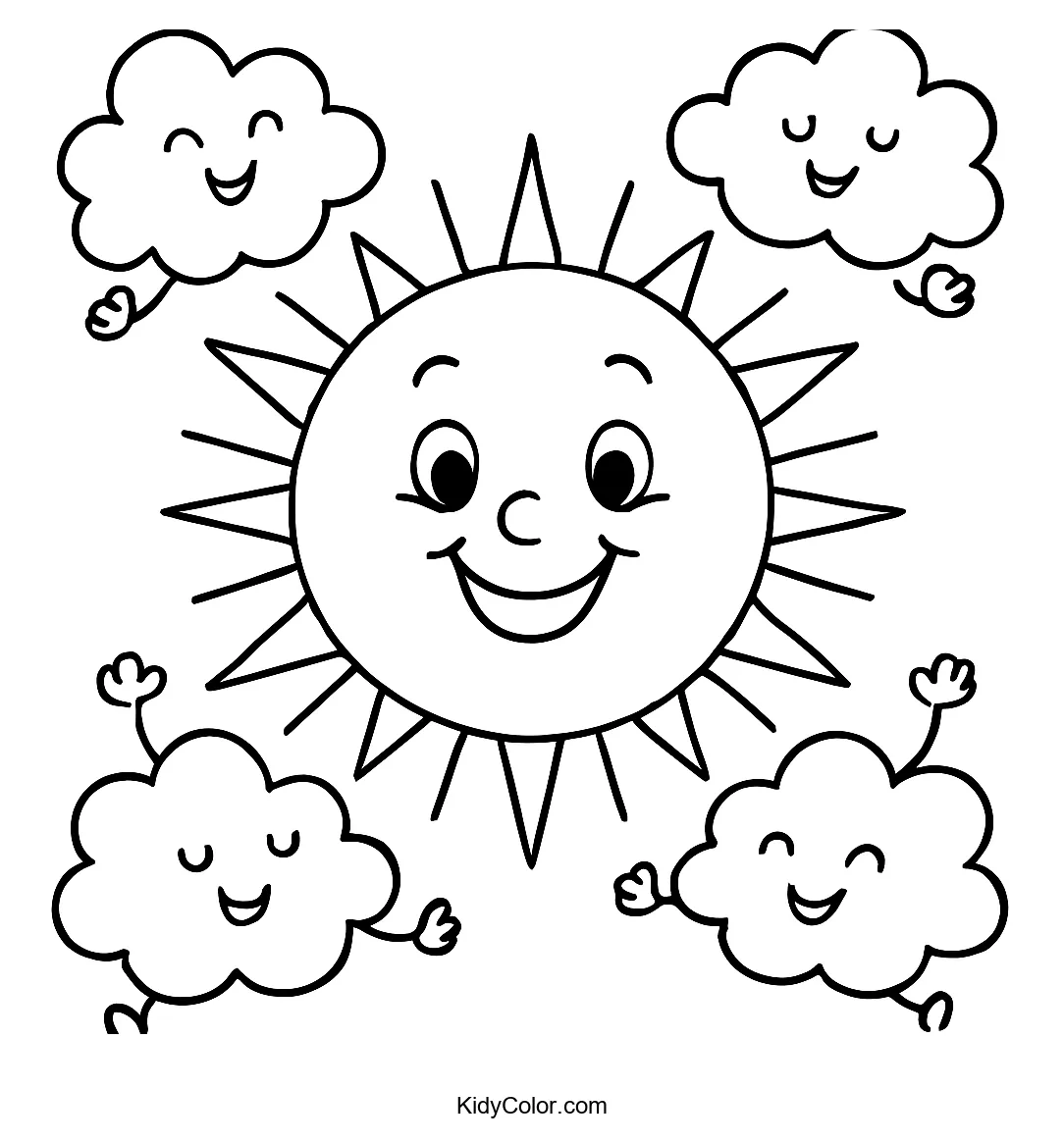 Smiling sun with dancing clouds illustration