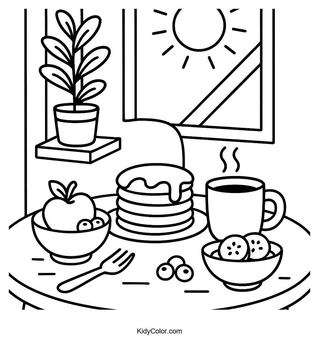 Sunny kitchen breakfast table coloring page