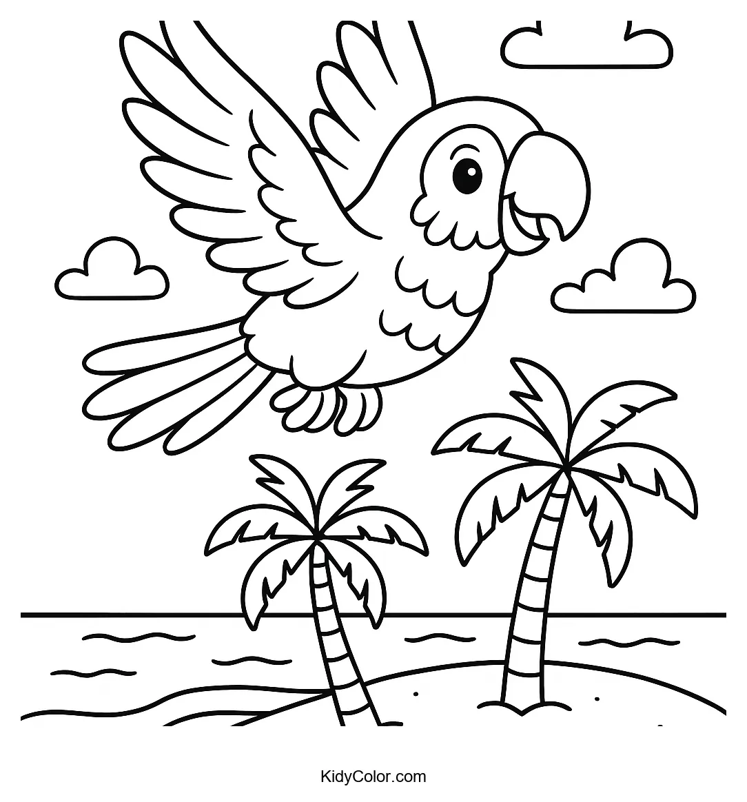 Parrot flying above sandy beach and palm trees