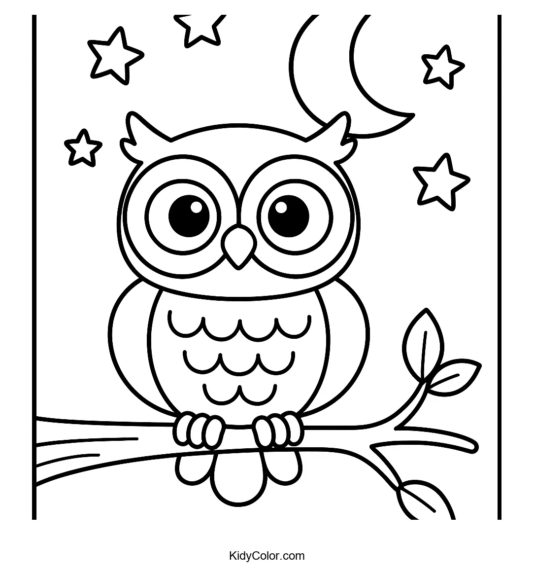 Cartoon owl sitting on a branch at night