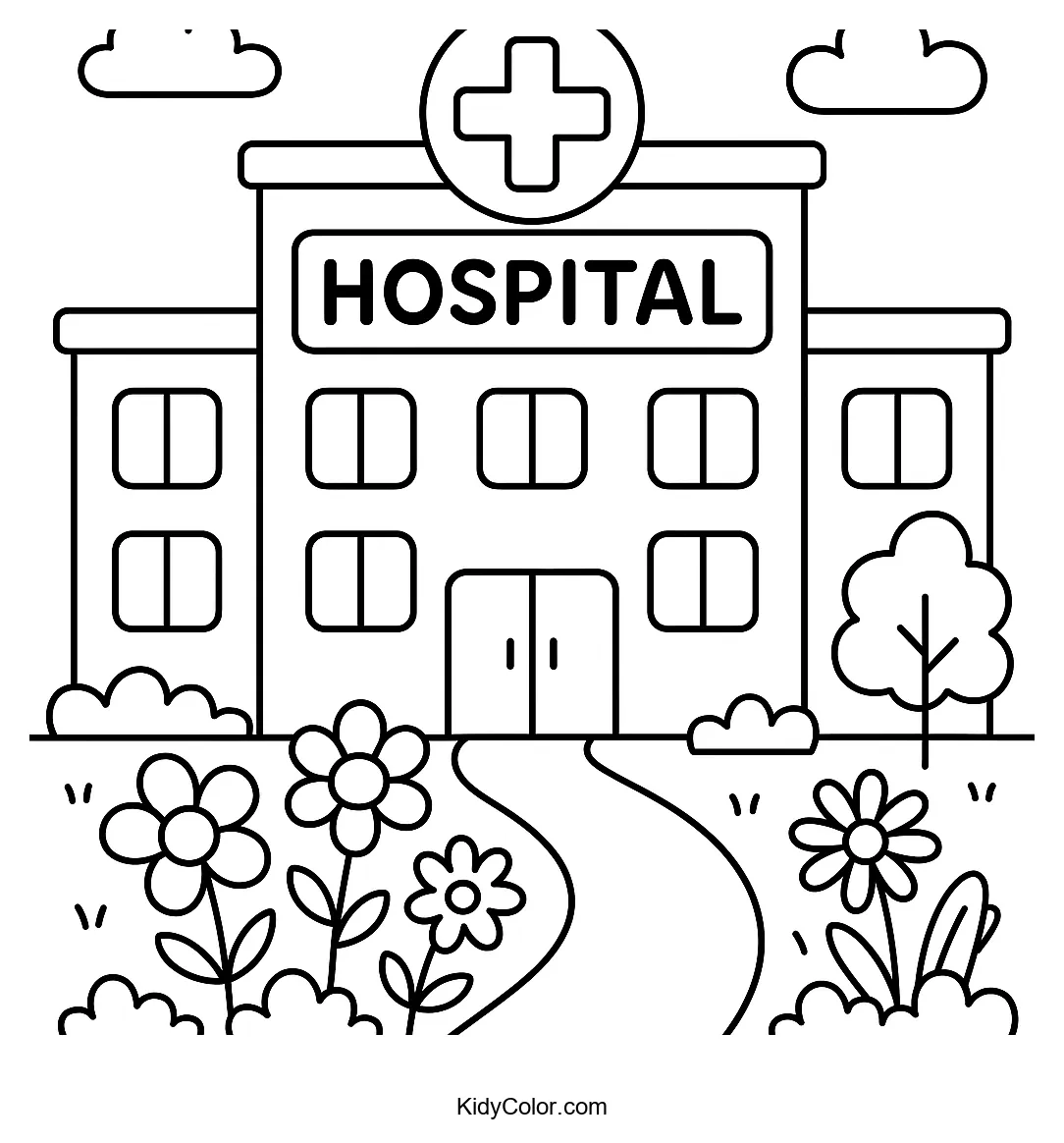 Hospital with bright windows and garden