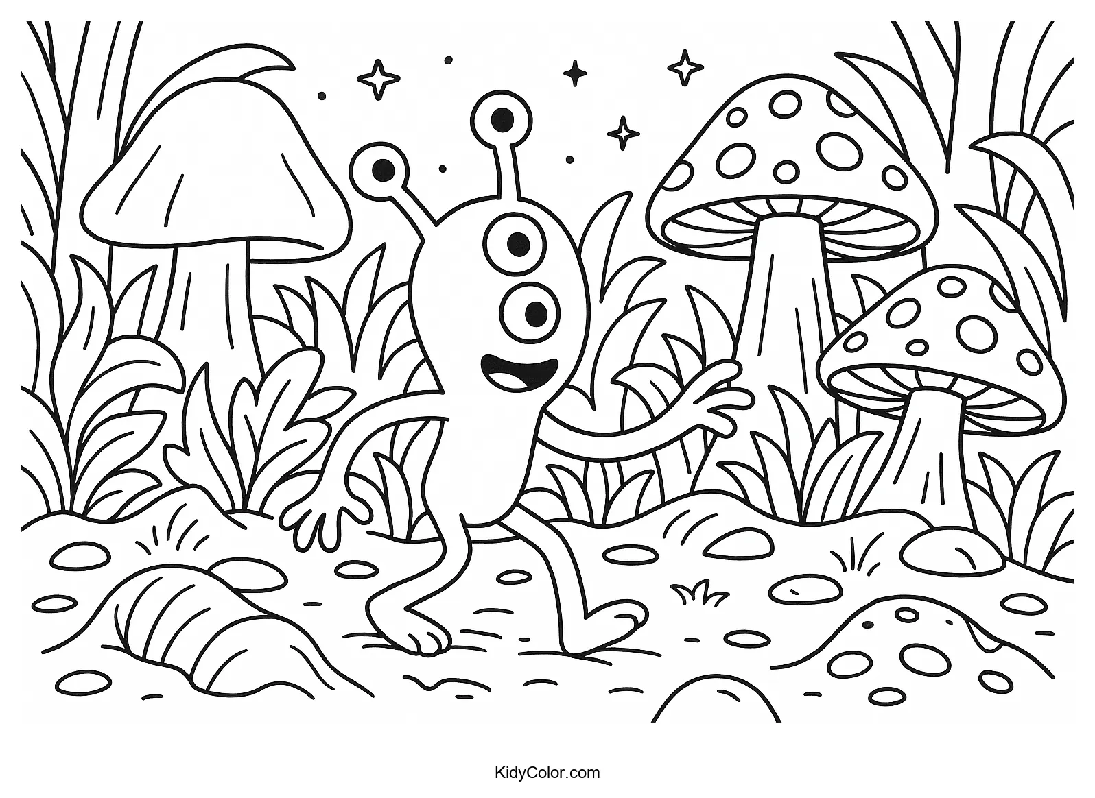 Alien explorer in a whimsical mushroom forest