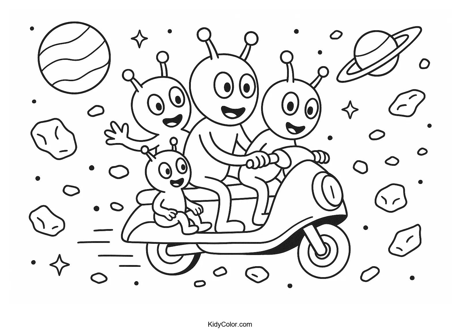 Alien family in a space adventure coloring page