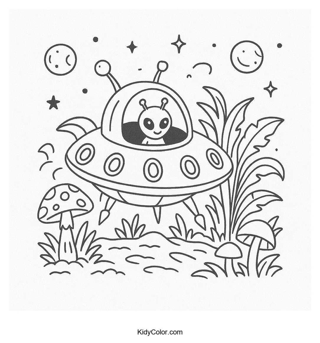 Alien spaceship landing in a colorful jungle.