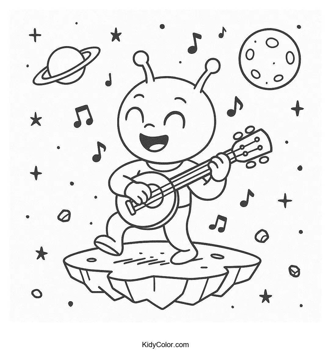 Alien playing music in outer space coloring page