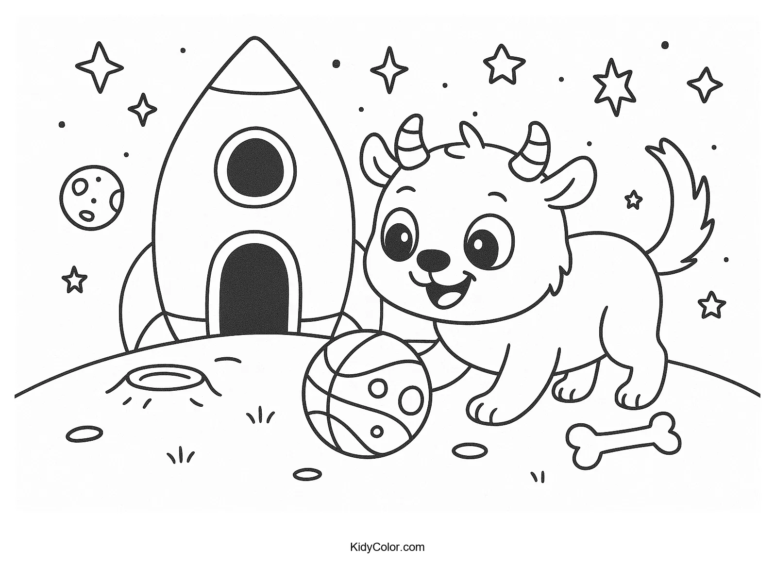 Alien pet and rocket house line drawing