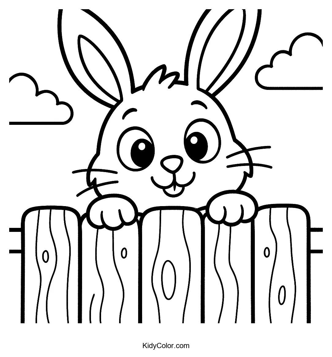 Rabbit peeking behind a wooden fence