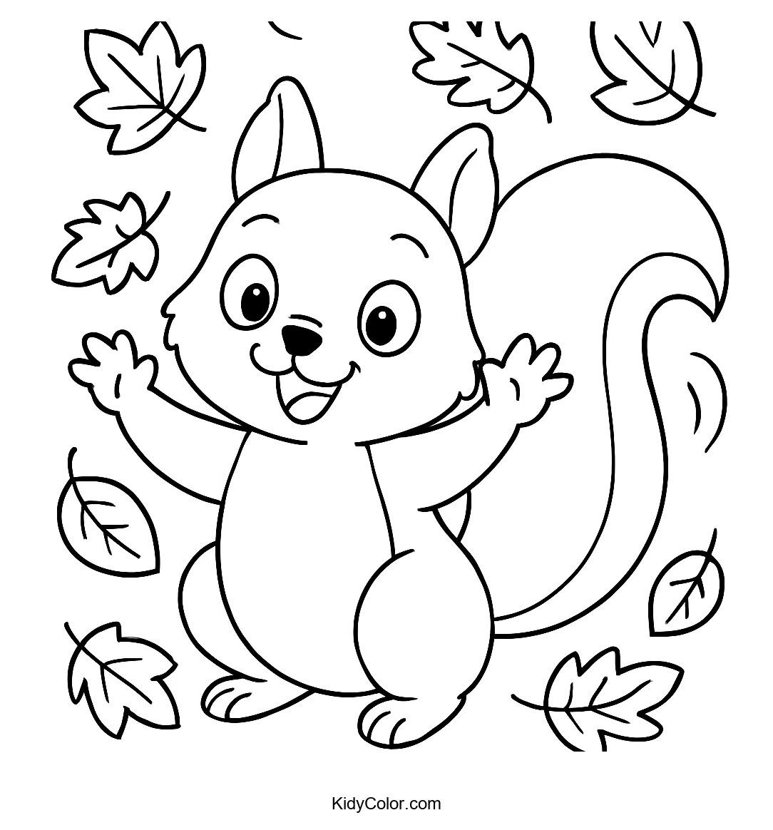 Squirrel waving with autumn leaves