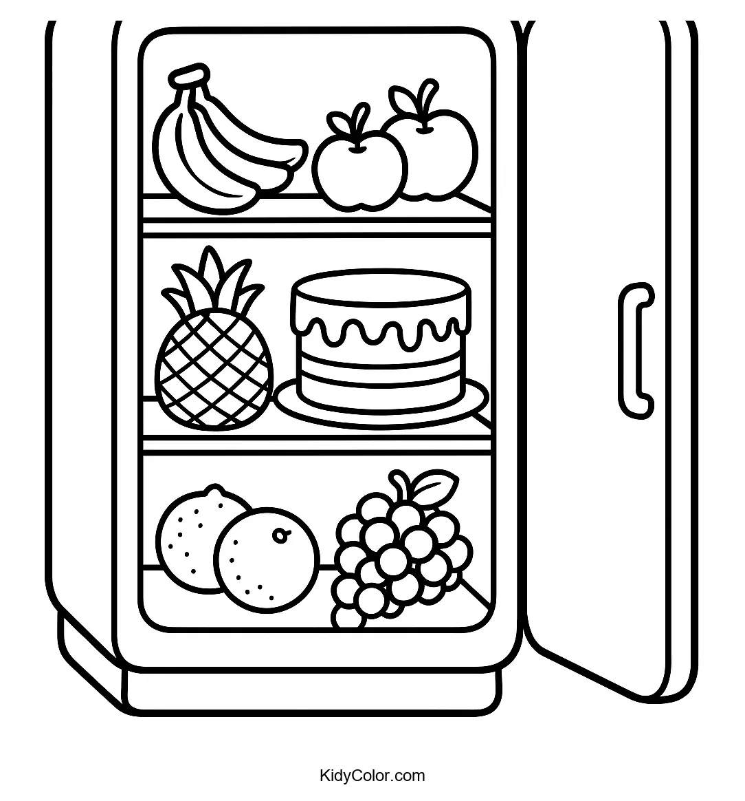 Open fridge with fruits and cake