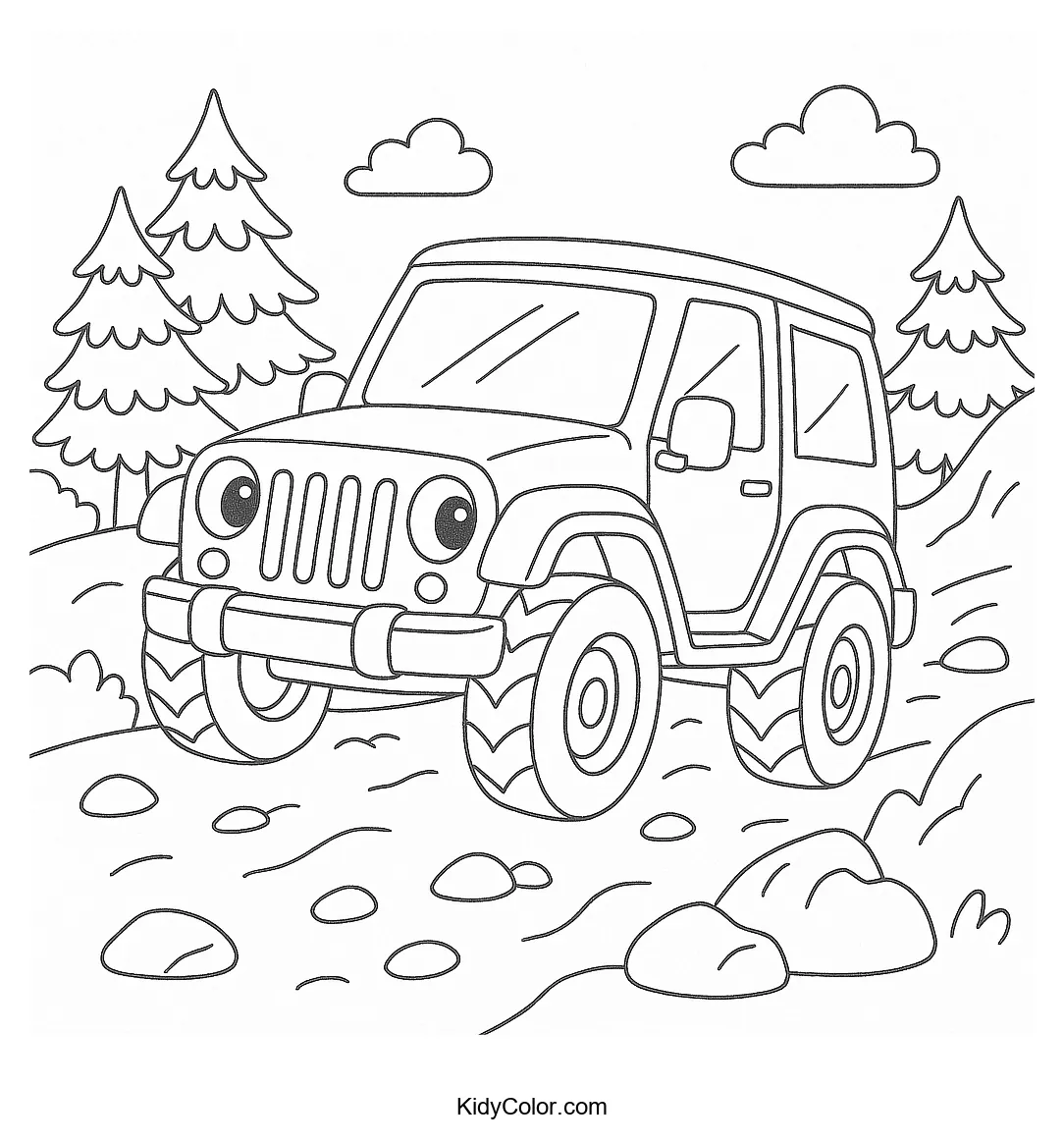 Coloring page of an anthropomorphic Jeep on a forest trail.