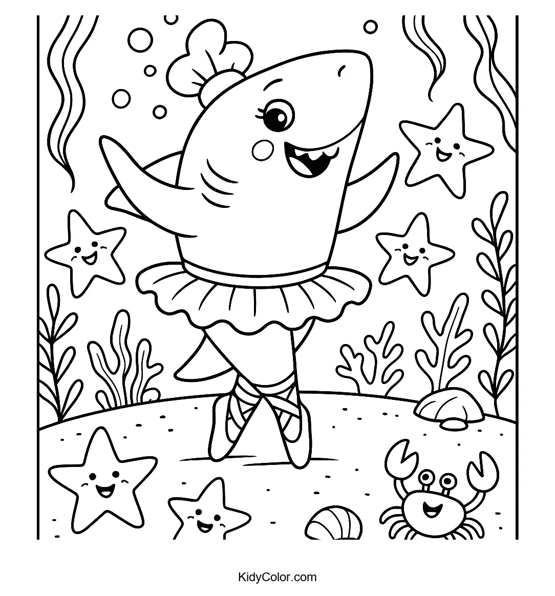 Ballerina shark twirling among sea friends