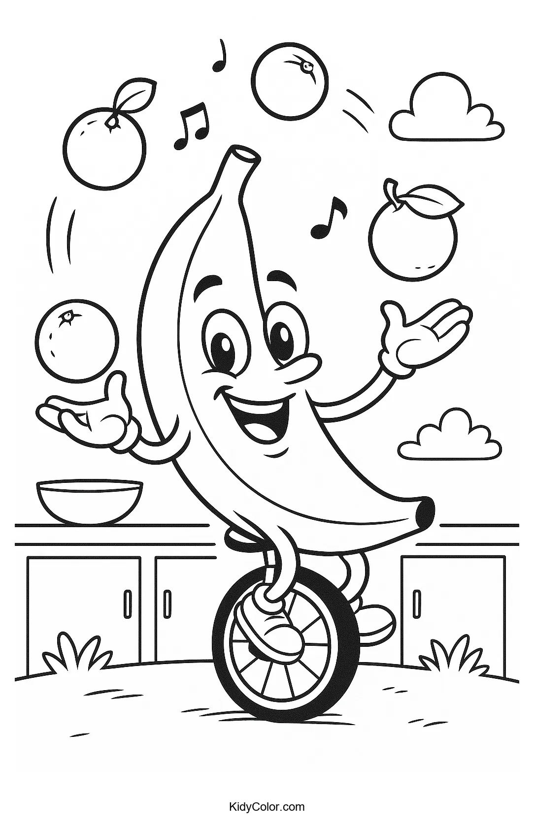 Banana on a unicycle juggling oranges
