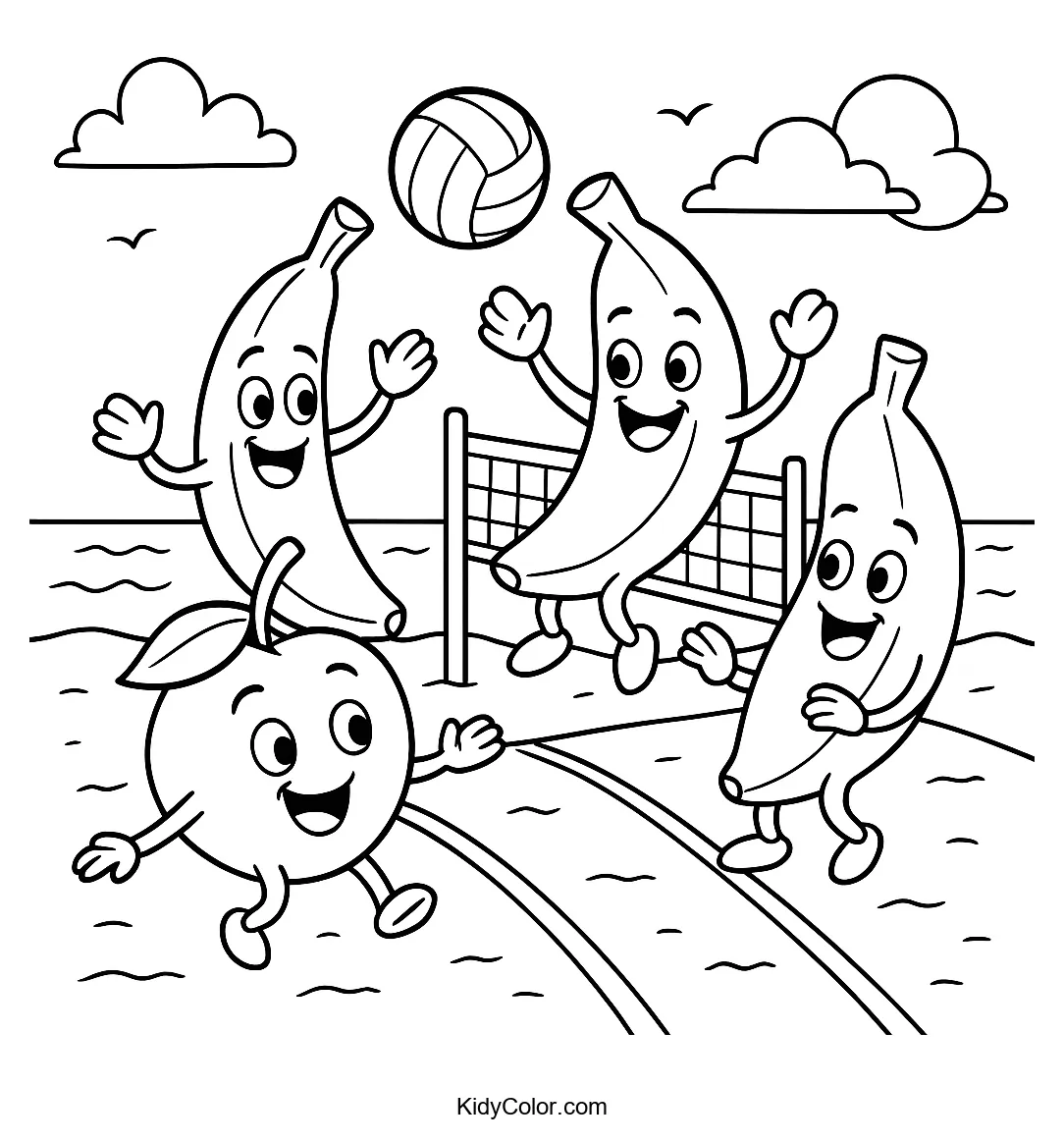 Bananas playing beach volleyball illustration